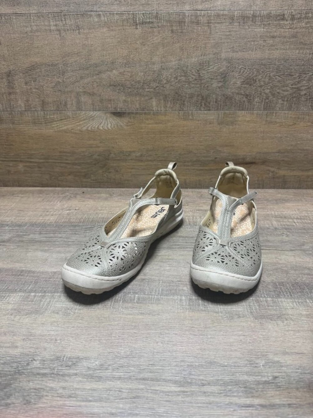 JBU Silver Laser-Cut T-Strap Flats